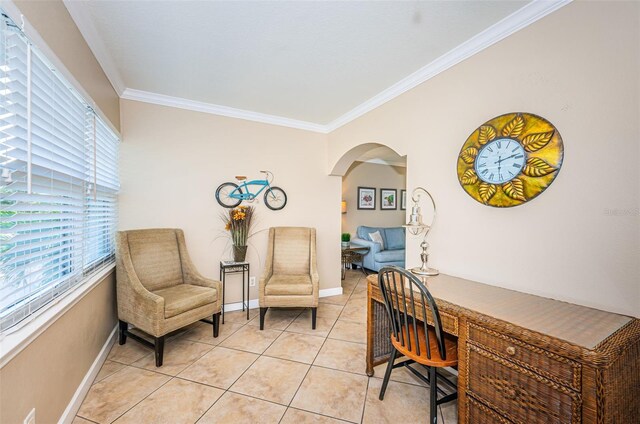 tiled home office featuring a healthy amount of sunlight and crown molding