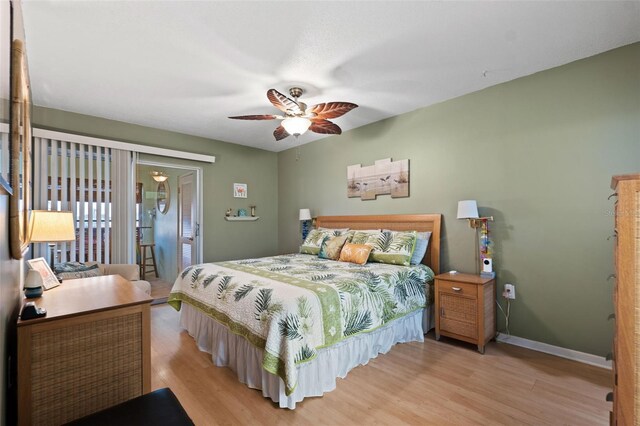 bedroom featuring light hardwood / wood-style floors and ceiling fan