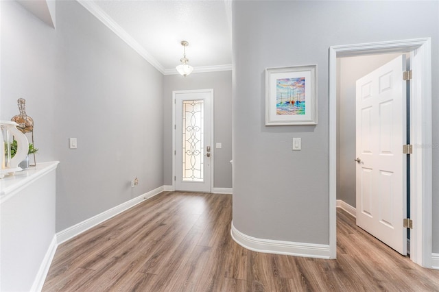 foyer entrance featuring wood-type flooring and crown molding