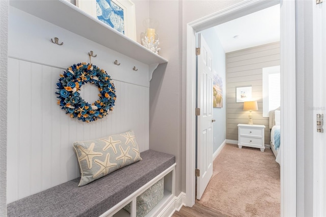 mudroom featuring wood walls and carpet floors