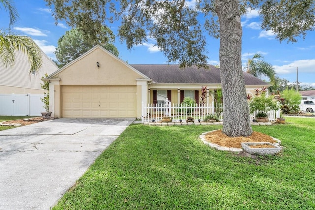 ranch-style house featuring a front lawn, covered porch, and a garage