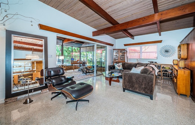 living room with wood ceiling and lofted ceiling with beams