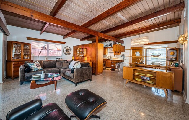 living room with wood ceiling and beamed ceiling