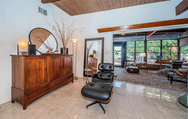 living area with wood ceiling, beamed ceiling, and high vaulted ceiling