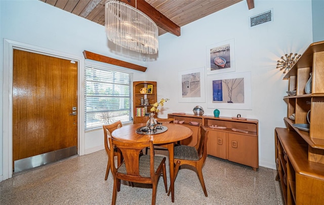 dining area with wooden ceiling, beam ceiling, and an inviting chandelier