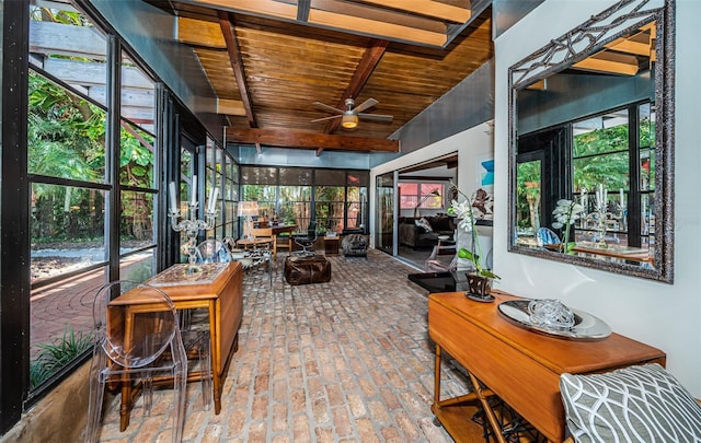 sunroom / solarium featuring wooden ceiling, ceiling fan, and plenty of natural light