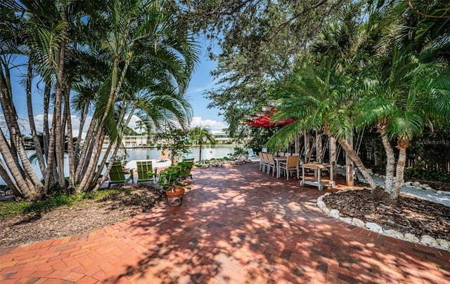 view of patio / terrace featuring a water view