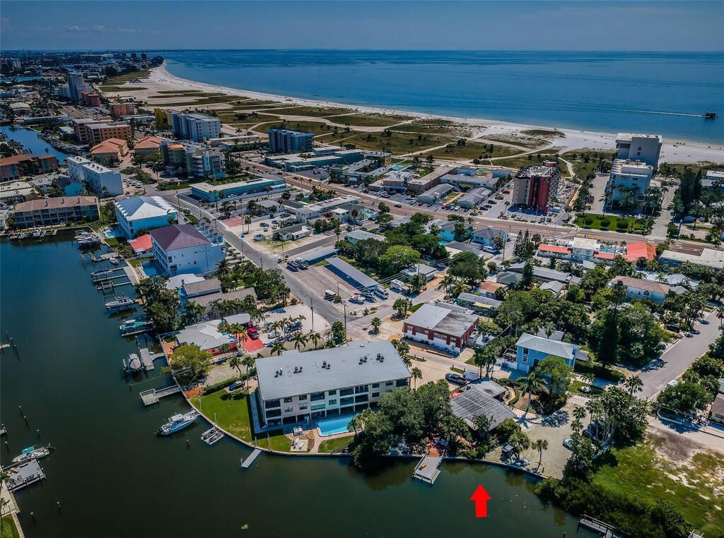 aerial view featuring a water view