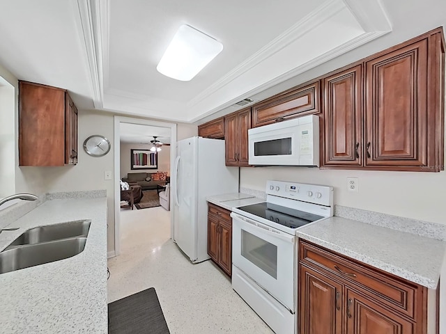 kitchen featuring white appliances, a tray ceiling, ceiling fan, ornamental molding, and sink