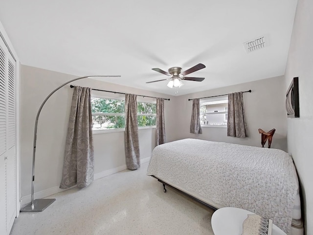 bedroom with ceiling fan and a closet