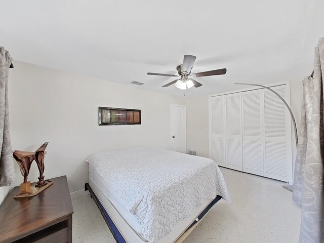 bedroom featuring ceiling fan and a closet