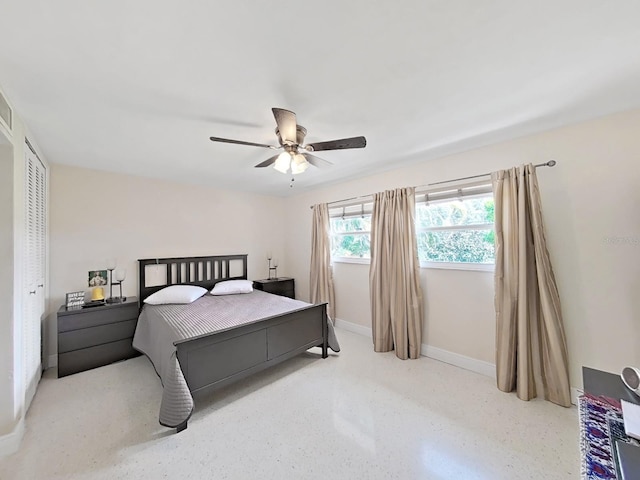 bedroom featuring ceiling fan and a closet