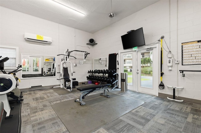 workout area featuring a towering ceiling, french doors, and a wall mounted AC