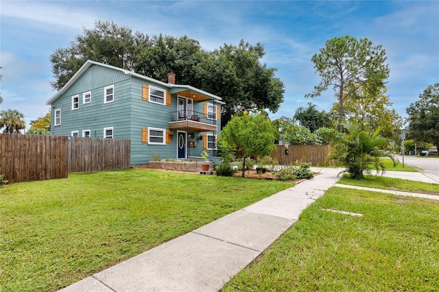 view of property with a balcony and a front yard