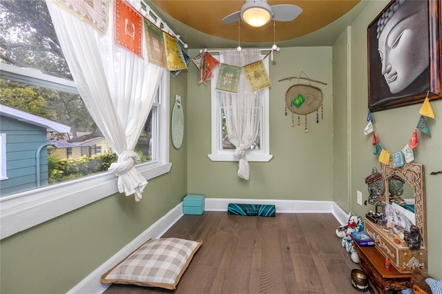 interior space with ceiling fan and dark wood-type flooring