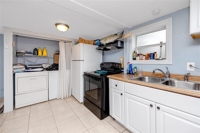 kitchen featuring white refrigerator, ventilation hood, sink, white cabinetry, and black electric range oven