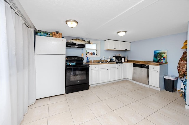 kitchen featuring black range with electric stovetop, white cabinets, light tile patterned flooring, stainless steel dishwasher, and white fridge