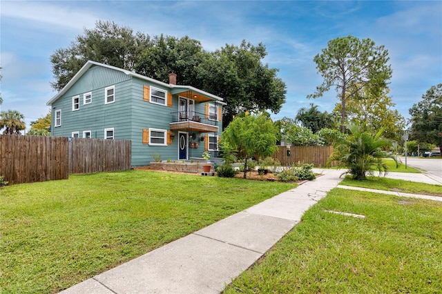 view of property featuring a balcony and a front yard