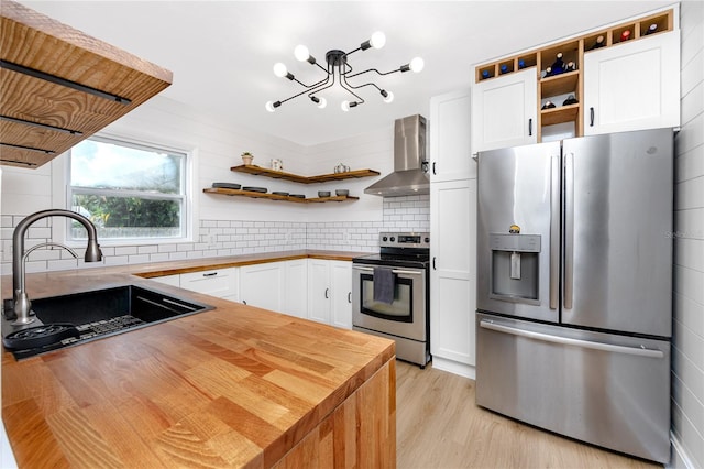 6619 Livingston Ave N, Saint Petersburg, FL 33702 - kitchen with wood counters, wall chimney range hood, stainless steel appliances, and open shelves