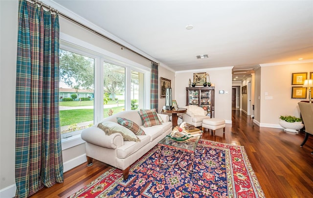 living room with dark hardwood / wood-style floors and ornamental molding