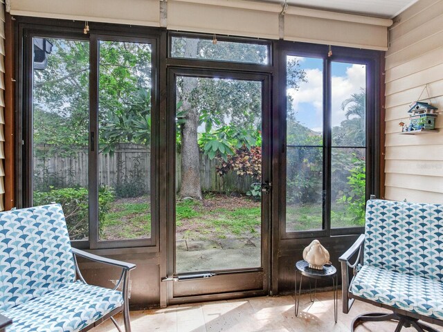 entryway with plenty of natural light and wooden walls