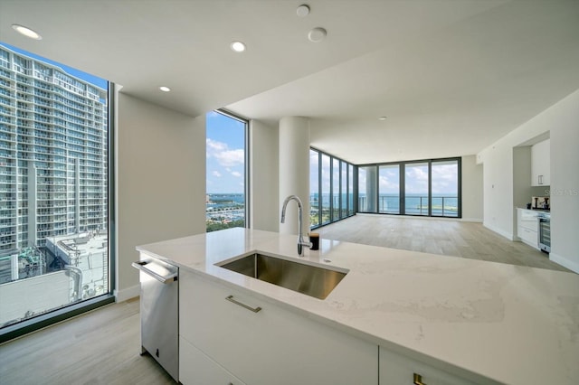 kitchen featuring light stone countertops, light hardwood / wood-style flooring, sink, and white cabinetry