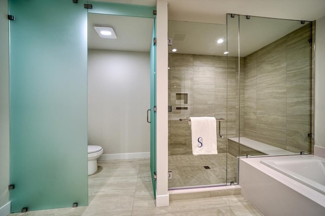 bathroom with separate shower and tub, tile patterned flooring, and toilet