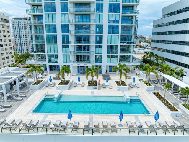 view of swimming pool with a patio area