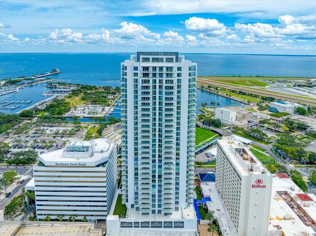 aerial view featuring a water view