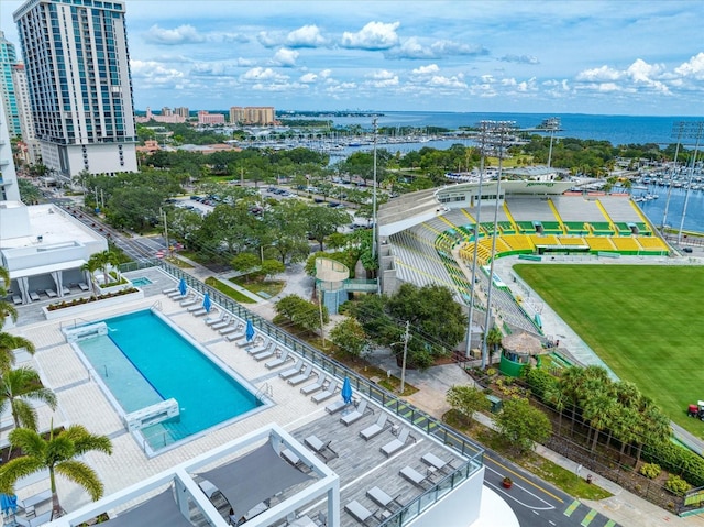 drone / aerial view featuring a water view