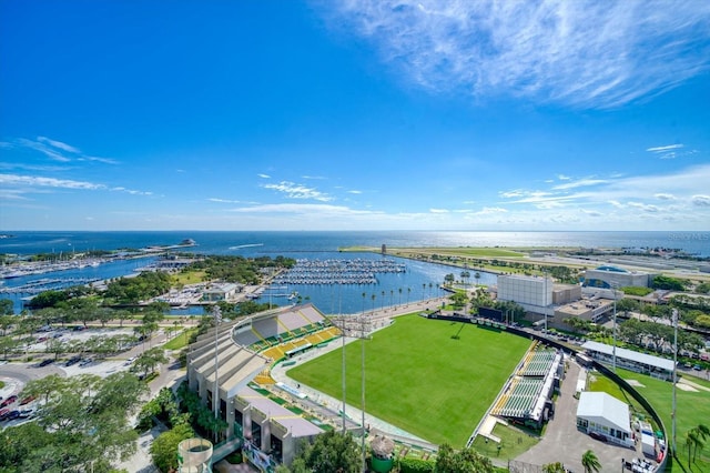 drone / aerial view with a water view