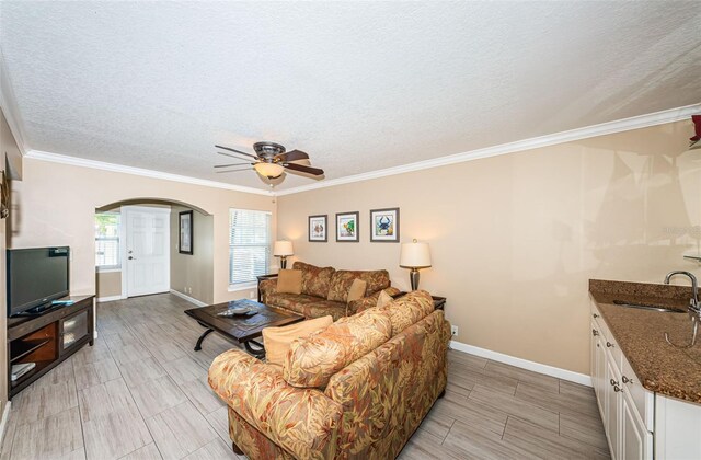 living room featuring a textured ceiling, ceiling fan, crown molding, and sink