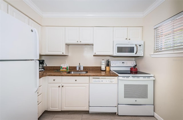 kitchen featuring ornamental molding, white cabinets, white appliances, and sink