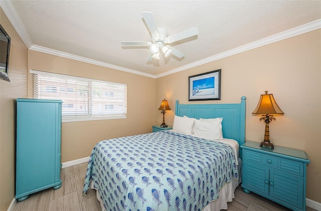 bedroom featuring a textured ceiling, crown molding, and ceiling fan