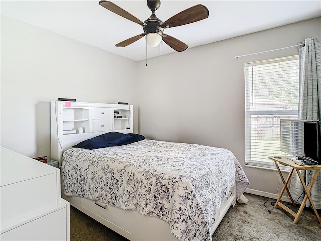 bedroom with ceiling fan and dark colored carpet