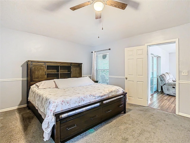 bedroom with ceiling fan and hardwood / wood-style flooring