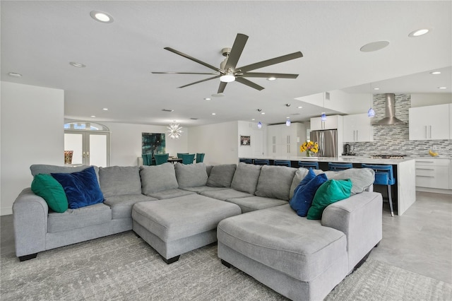 living room featuring ceiling fan