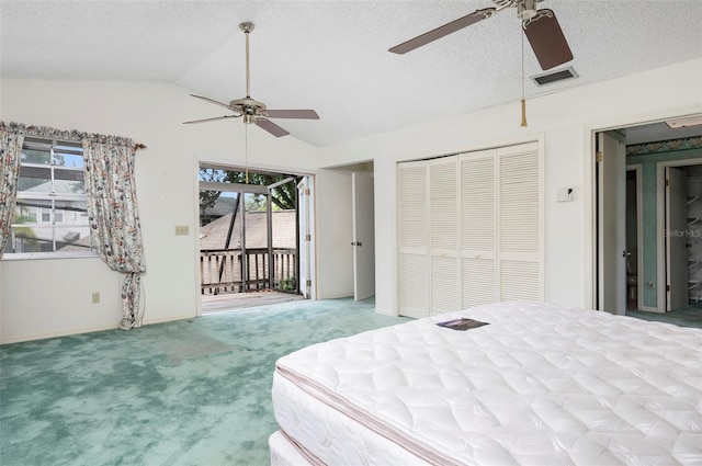 carpeted bedroom with lofted ceiling, a textured ceiling, access to exterior, and ceiling fan