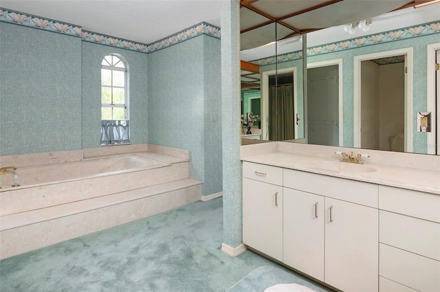 bathroom with vanity, a textured ceiling, and a washtub