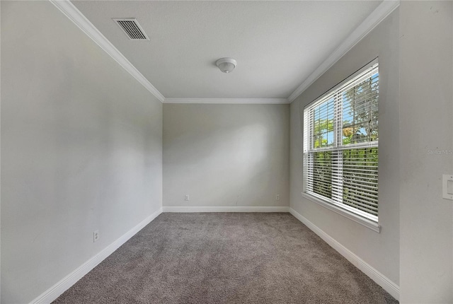 empty room featuring ornamental molding and carpet