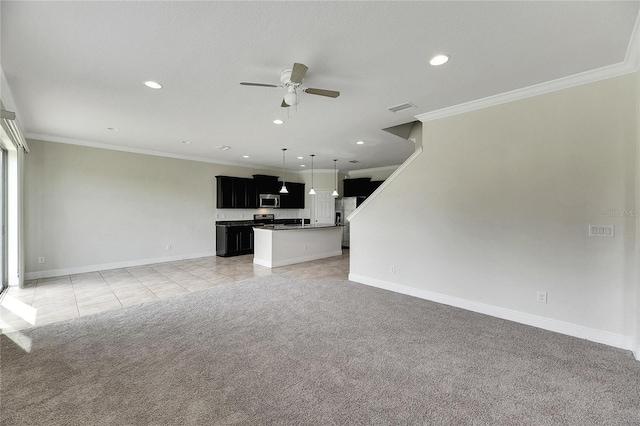 unfurnished living room with ceiling fan, light colored carpet, and ornamental molding