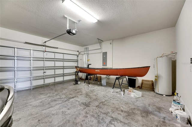 garage featuring a garage door opener, water heater, and electric panel