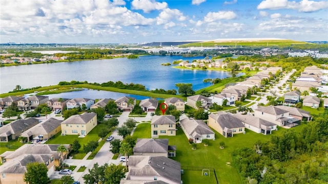 bird's eye view with a water view