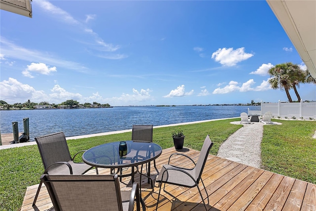 wooden terrace featuring a water view and a yard