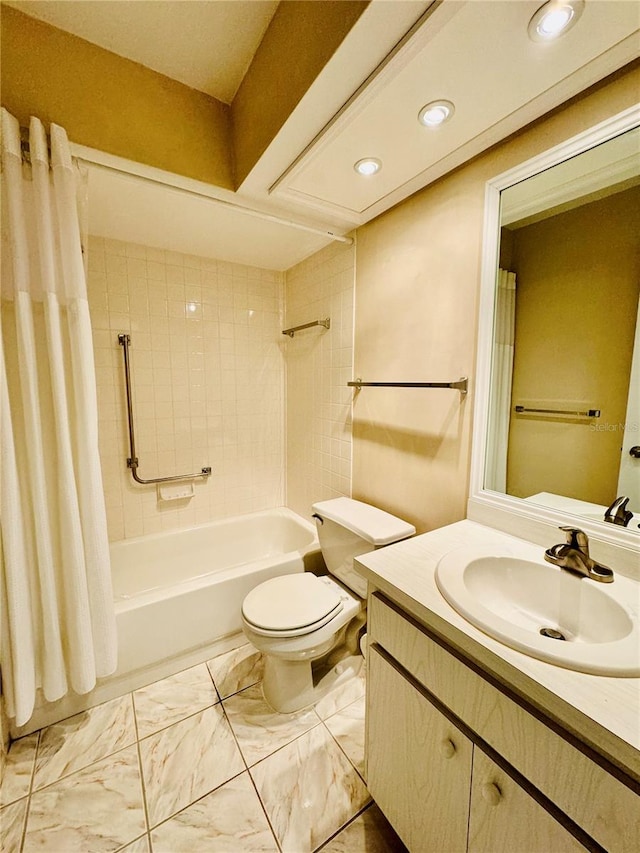 full bathroom with shower / bath combo with shower curtain, toilet, and vanity