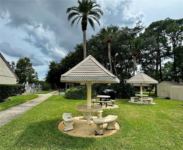 view of yard with a shed and a gazebo