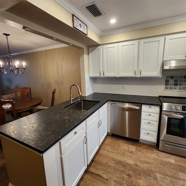 kitchen featuring white cabinets, kitchen peninsula, appliances with stainless steel finishes, and sink