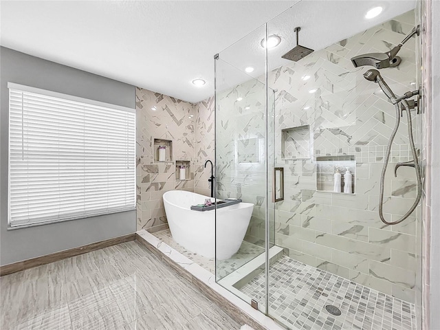 bathroom featuring plus walk in shower