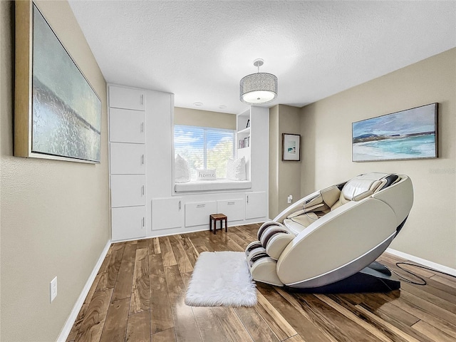 living area featuring wood-type flooring and a textured ceiling