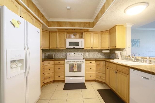 kitchen with sink, white appliances, light brown cabinets, light tile patterned floors, and ornamental molding